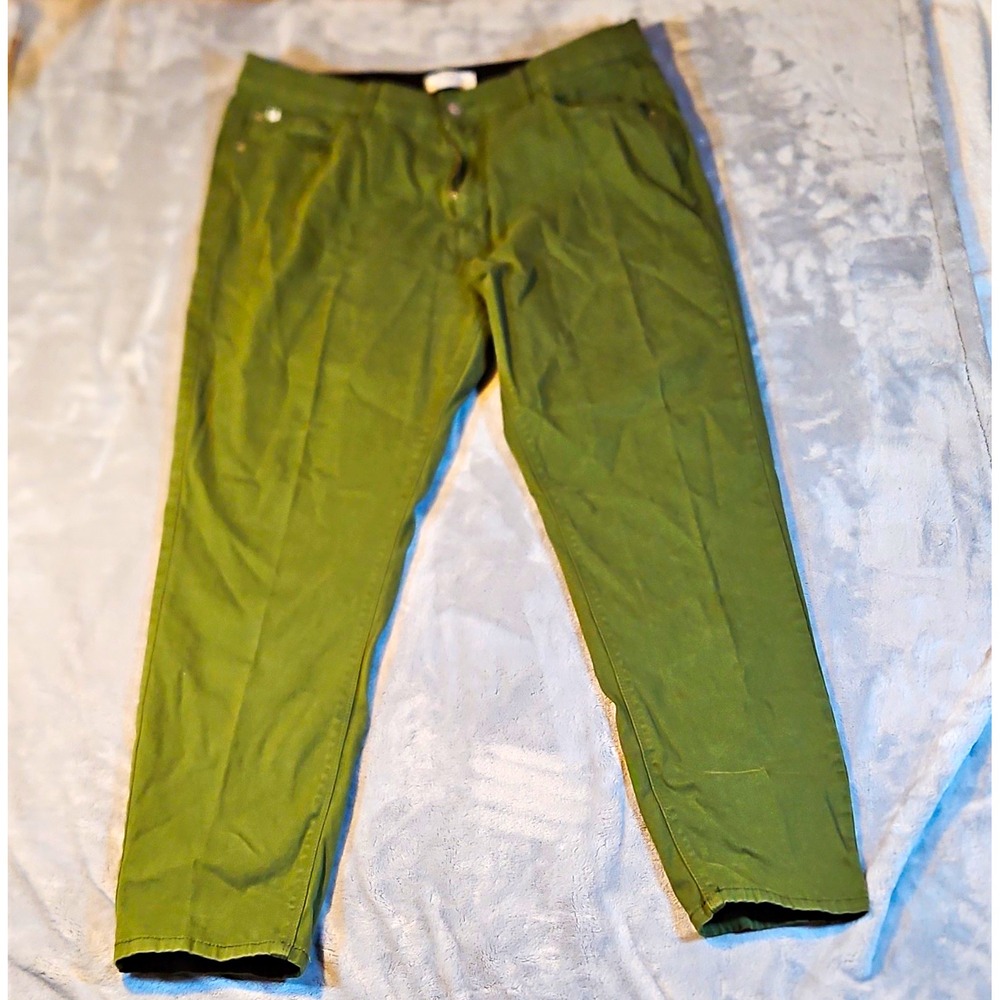 Curve Appeal Women's Green Twill Straight Leg Slim Fit Pants Pockets Size 16